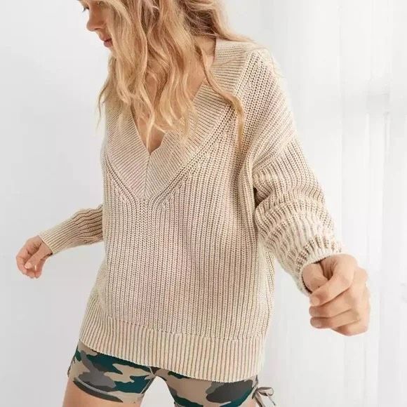 aerie Sweaters - Aerie Rib Knit V-Neck Slouchy Cotton Sweater in Sandalwood Size S